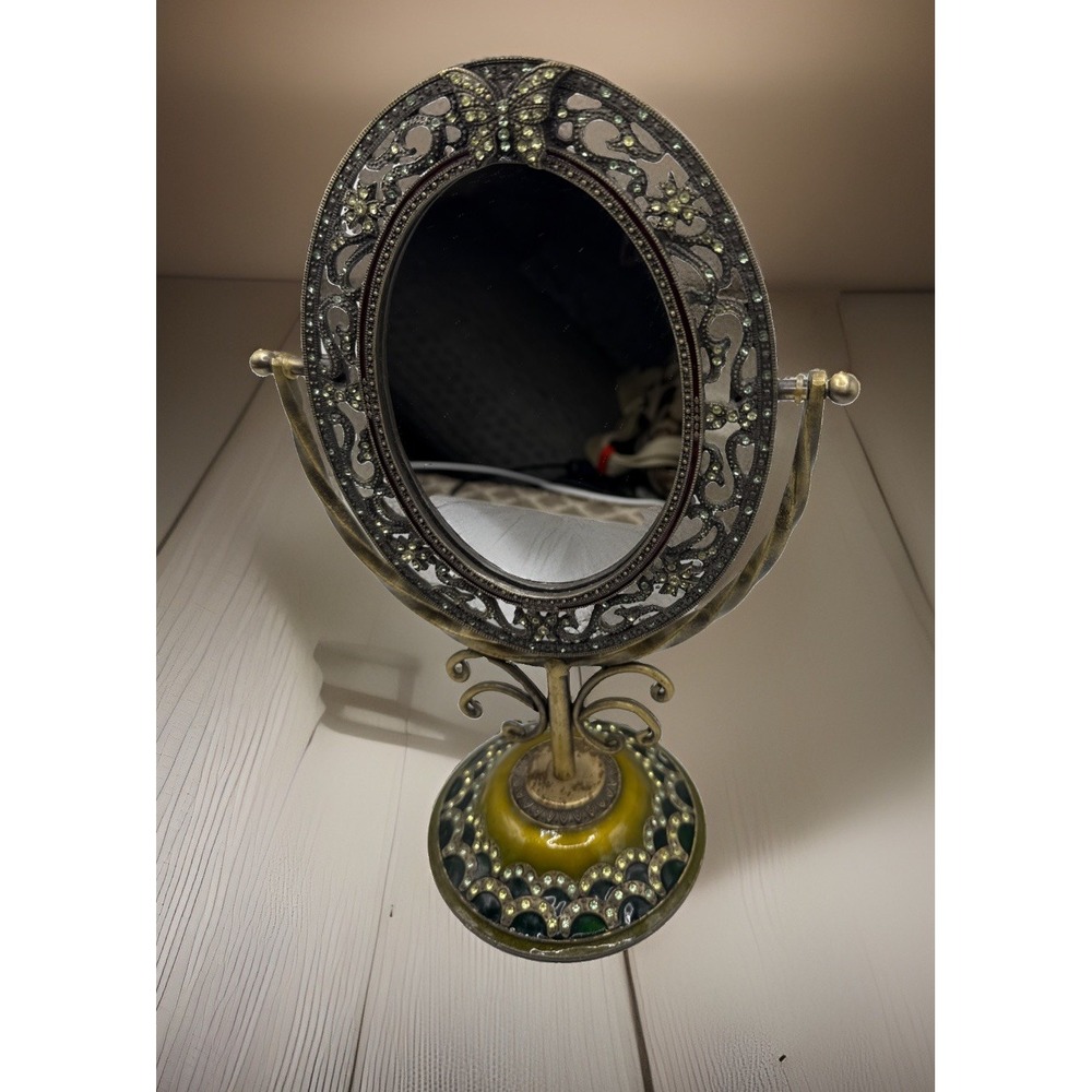 Vintage Brass Ornate Hollywood Regency Standing Vanity Mirror 12" T